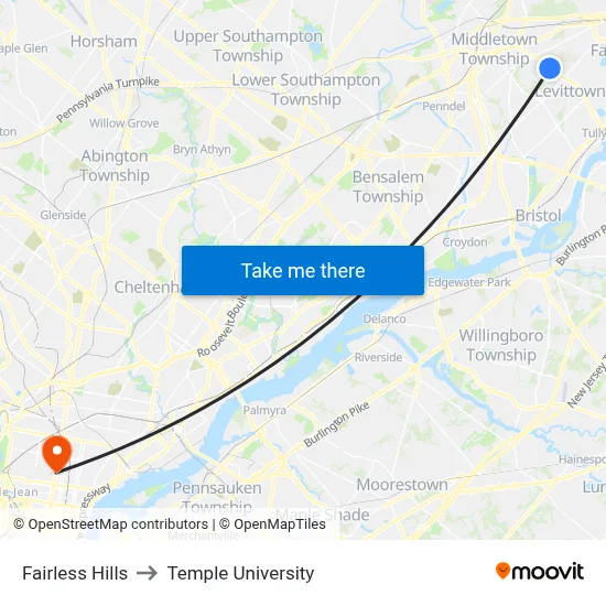 Fairless Hills to Temple University map