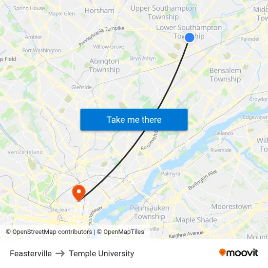 Feasterville to Temple University map