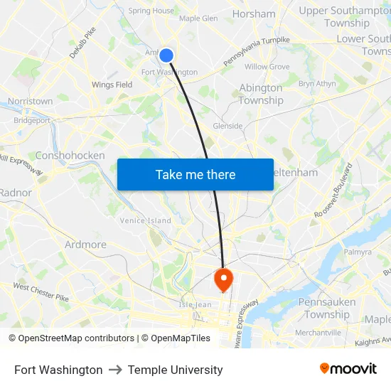 Fort Washington to Temple University map