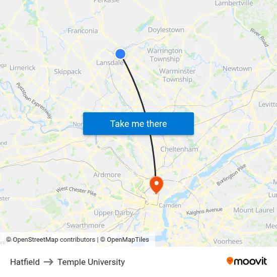 Hatfield to Temple University map