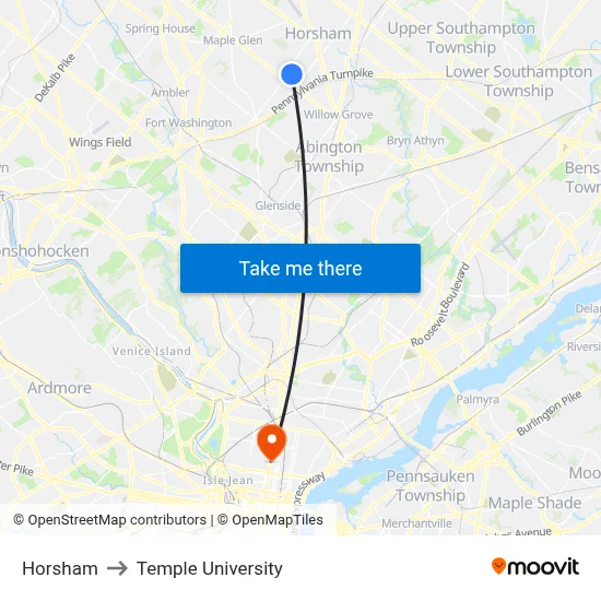 Horsham to Temple University map