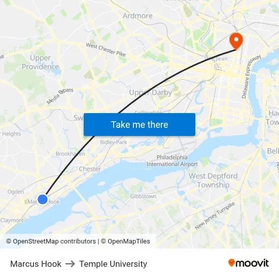 Marcus Hook to Temple University map