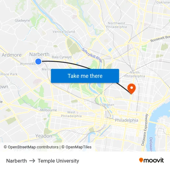 Narberth to Temple University map
