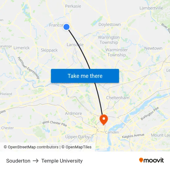 Souderton to Temple University map