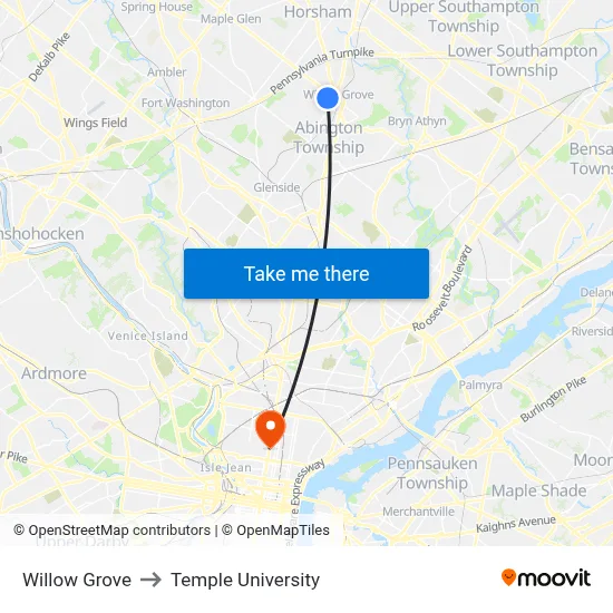 Willow Grove to Temple University map