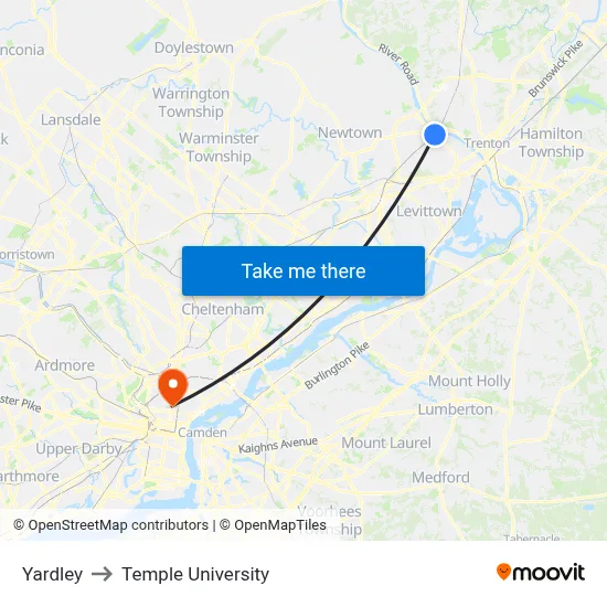 Yardley to Temple University map