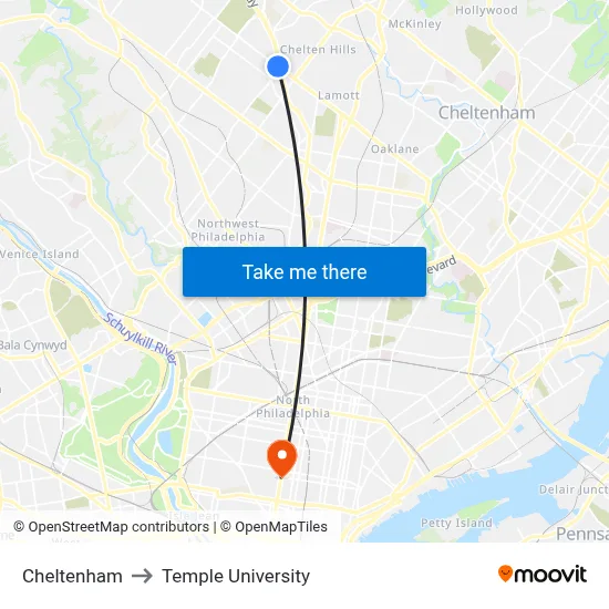Cheltenham to Temple University map