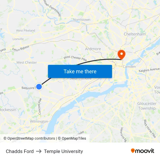 Chadds Ford to Temple University map
