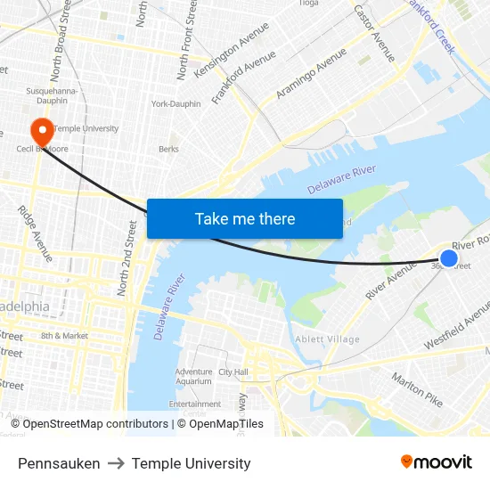 Pennsauken to Temple University map