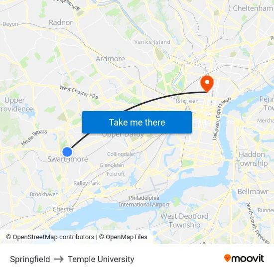 Springfield to Temple University map