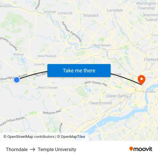 Thorndale to Temple University map