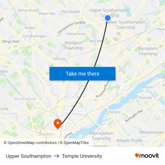 Upper Southampton to Temple University map