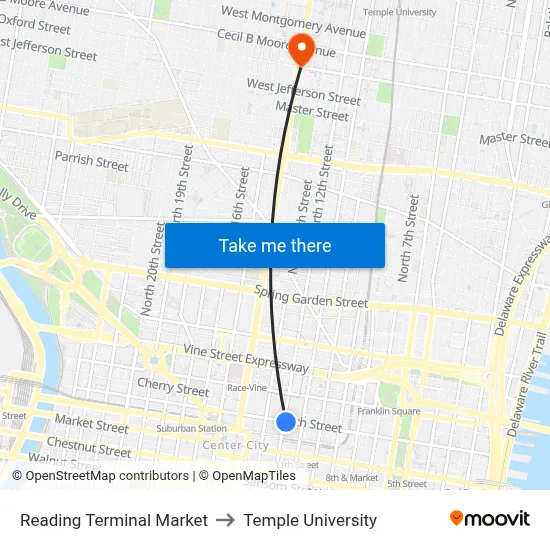 Reading Terminal Market to Temple University map