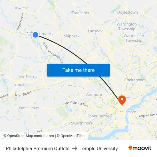 Philadelphia Premium Outlets to Temple University map