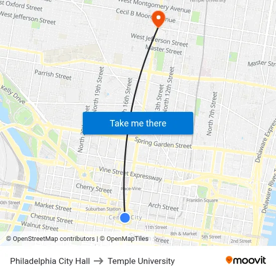 Philadelphia City Hall to Temple University map
