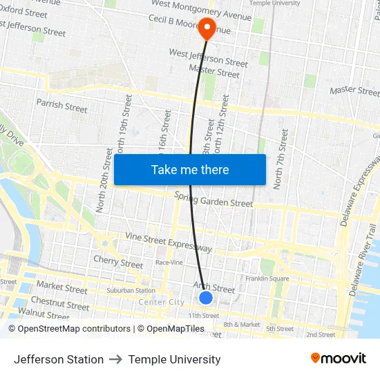 Jefferson Station to Temple University map