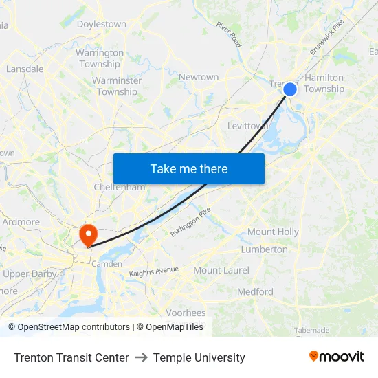 Trenton Transit Center to Temple University map