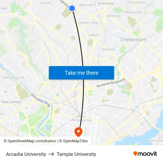 Arcadia University to Temple University map