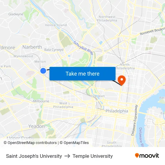Saint Joseph's University to Temple University map
