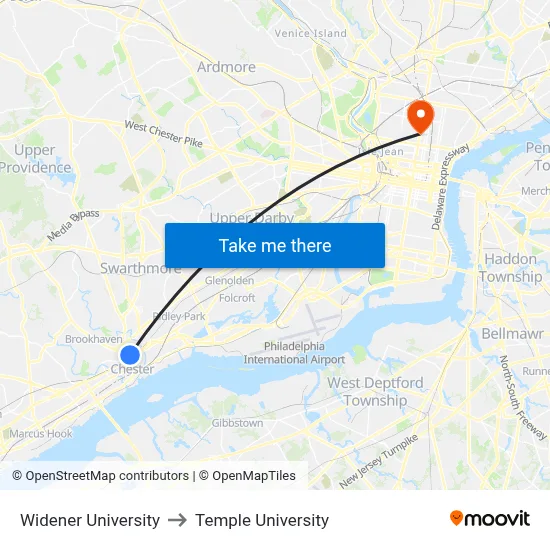 Widener University to Temple University map