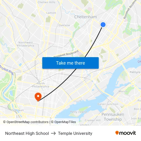 Northeast High School to Temple University map