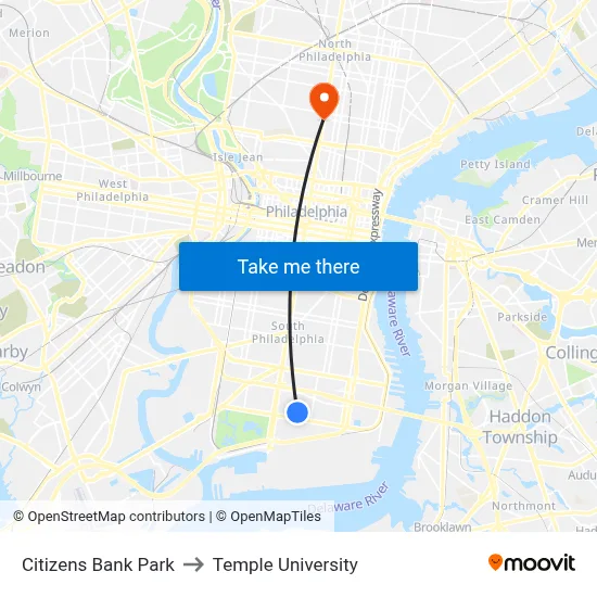 Citizens Bank Park to Temple University map