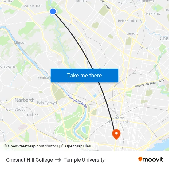 Chesnut Hill College to Temple University map