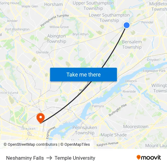 Neshaminy Falls to Temple University map