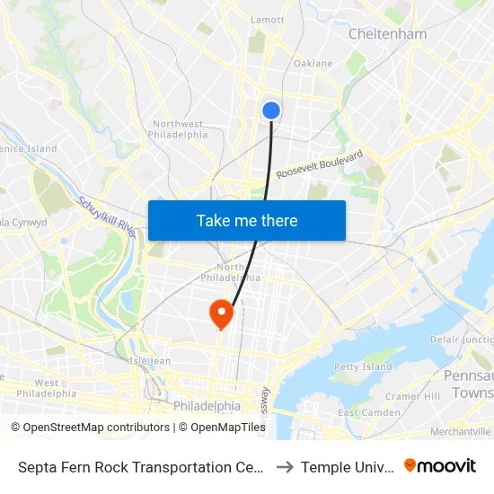 Septa Fern Rock Transportation Center Station to Temple University map