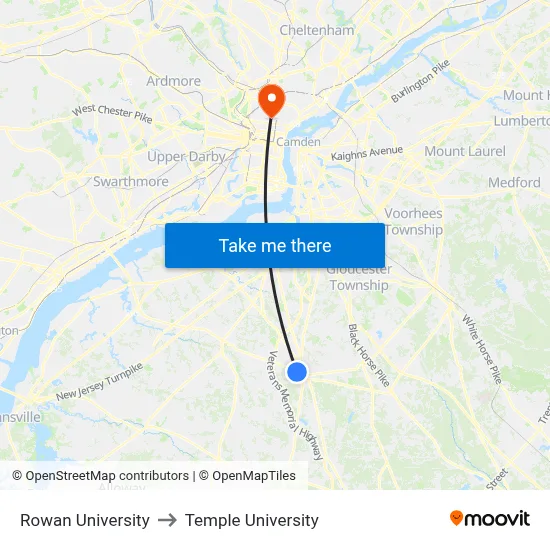 Rowan University to Temple University map
