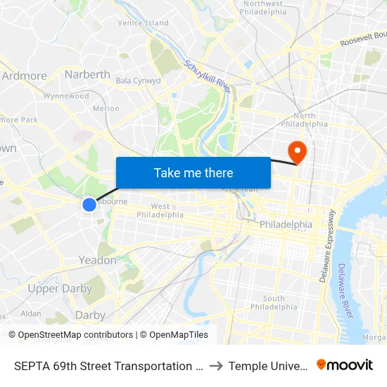 SEPTA 69th Street Transportation Center to Temple University map