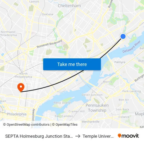 SEPTA Holmesburg Junction Station to Temple University map