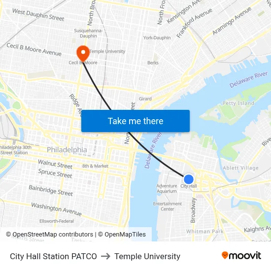 City Hall Station PATCO to Temple University map