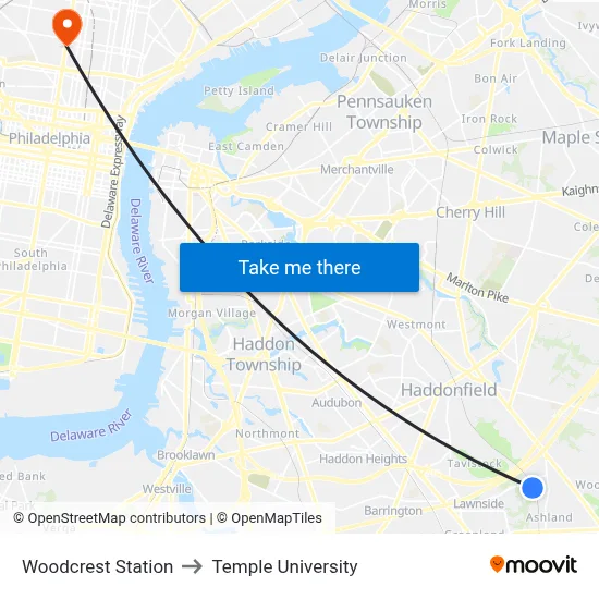 Woodcrest Station to Temple University map