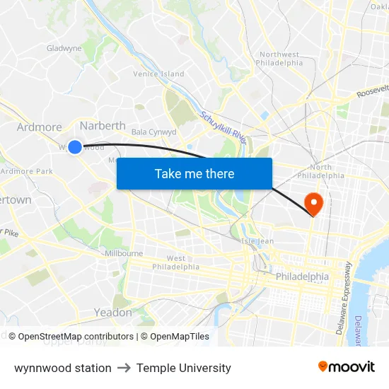 wynnwood station to Temple University map