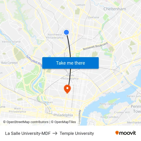 La Salle University-MDF to Temple University map