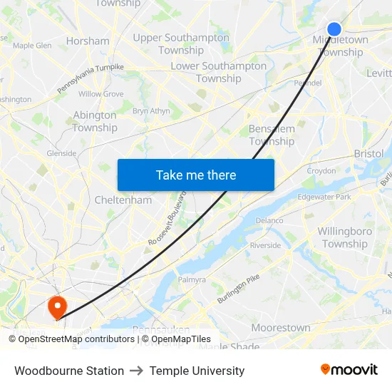 Woodbourne Station to Temple University map