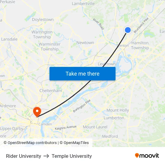 Rider University to Temple University map