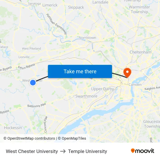 West Chester University to Temple University map