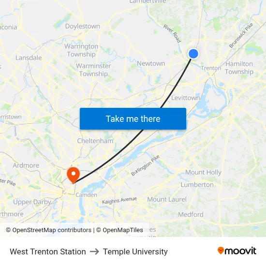 West Trenton Station to Temple University map