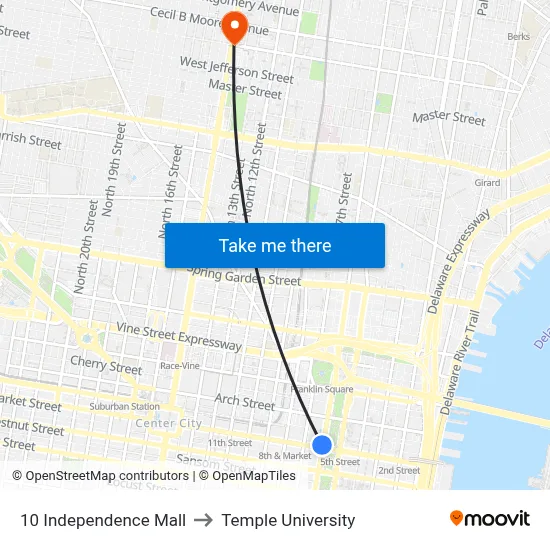 10 Independence Mall to Temple University map