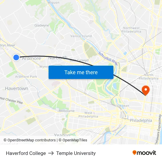 Haverford College to Temple University map