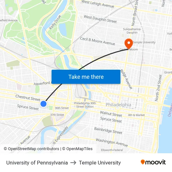 University of Pennsylvania to Temple University map