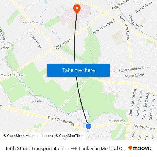 69th Street Transportation Center to Lankenau Medical Center map