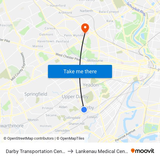 Darby Transportation Center to Lankenau Medical Center map