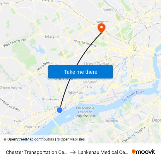 Chester Transportation Center to Lankenau Medical Center map