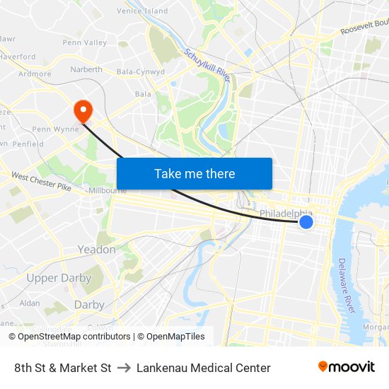 8th St & Market St to Lankenau Medical Center map