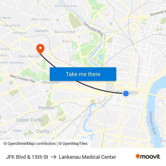 JFK Blvd & 15th St to Lankenau Medical Center map