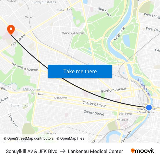 Schuylkill Av & JFK Blvd to Lankenau Medical Center map