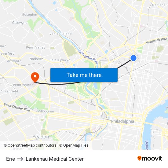 Erie to Lankenau Medical Center map